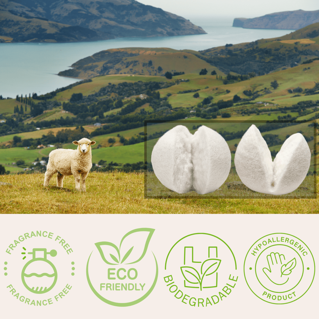 Sheep in a hilly green landscape with wool dryer balls and eco-friendly icons reading fragrance-free, biodegradable, and hypoallergenic