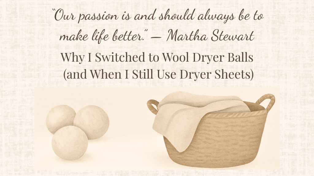 Illustration of wool dryer balls and a woven basket with a blanket – natural laundry essentials.